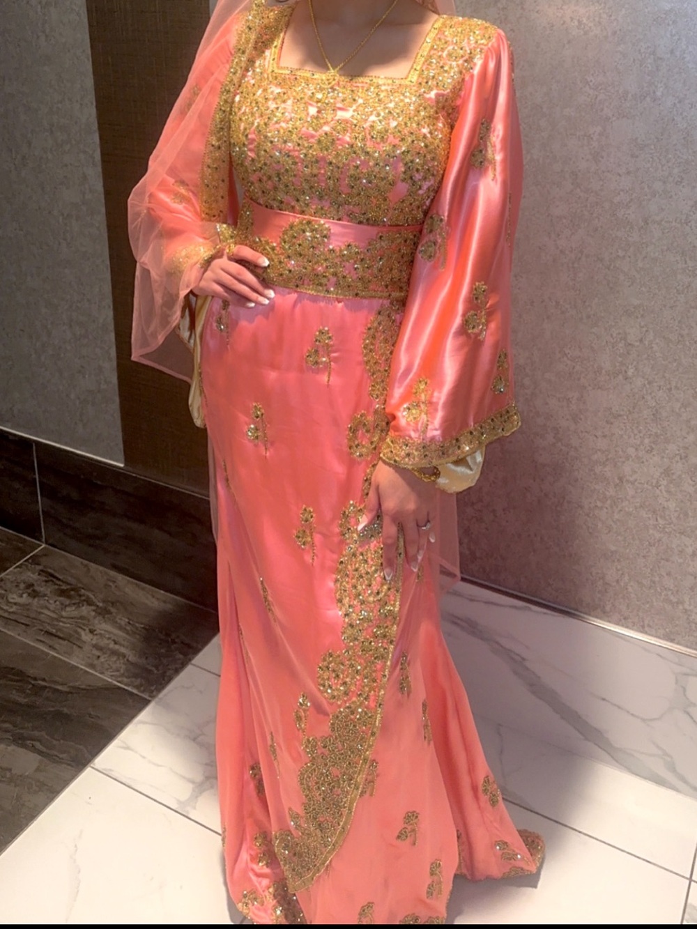 Embellished Pink Formal Maxi Dress with Gold Accents size small length 56in